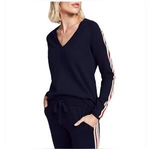 Faherty Navy V-Neck Cashmere Sweater with Striped Sleeves.  Size-Medium